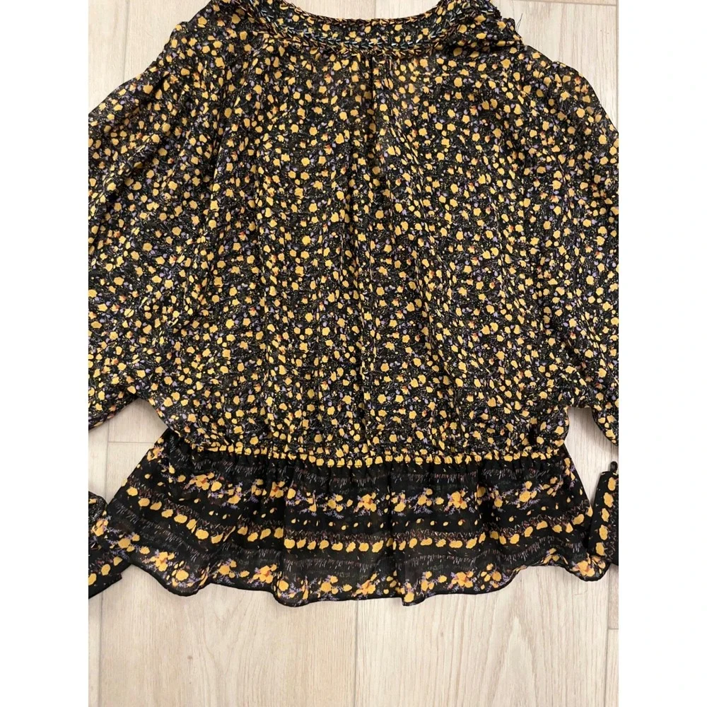 Free People Floral Beaded Peplum Blouse Yellow Purple Sheer Long Sleeve Top